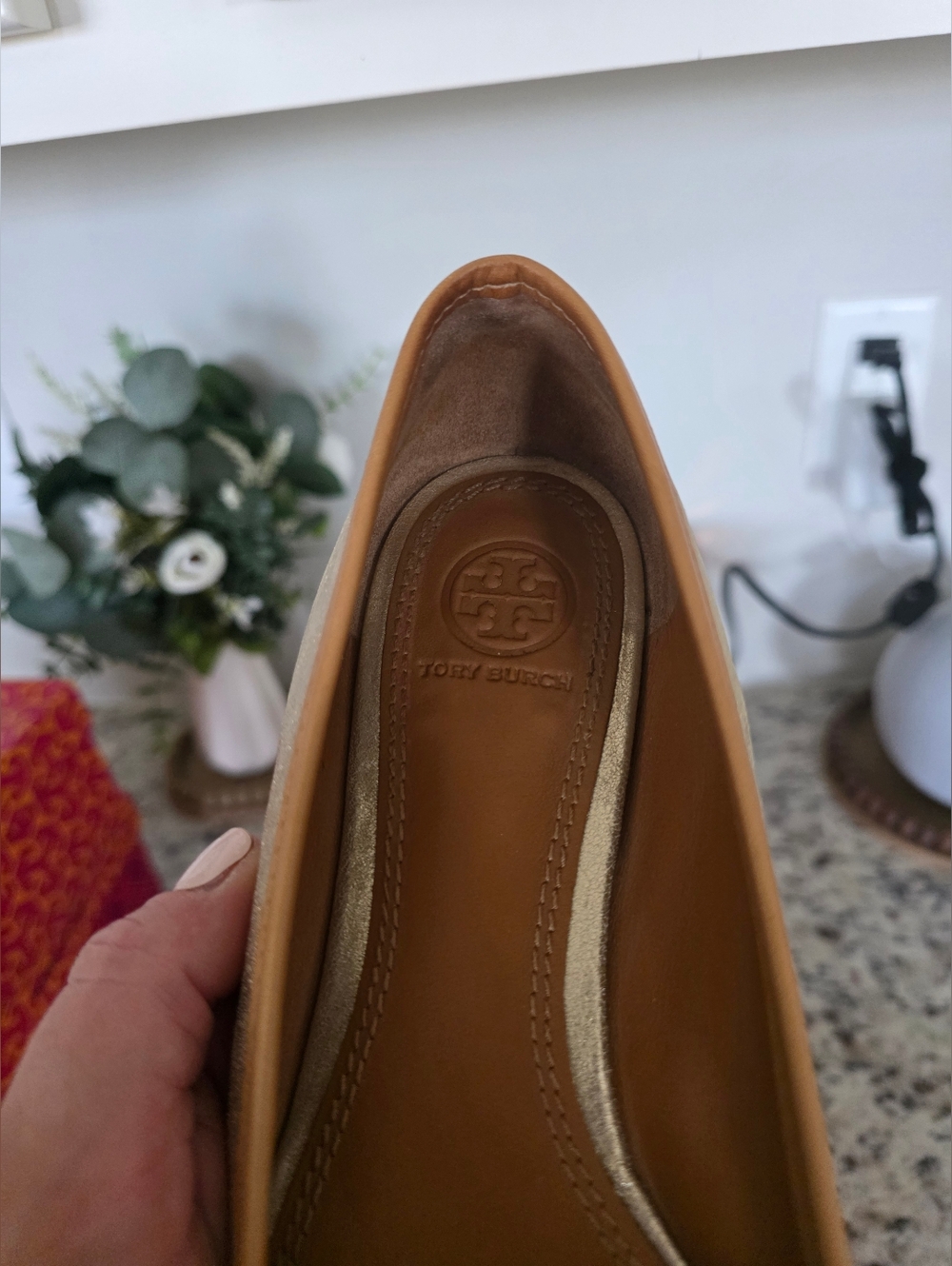 Tory Burch Platinum/Metallic Gold Leather Louisa Ballet Logo Flats - Picture 9 of 11